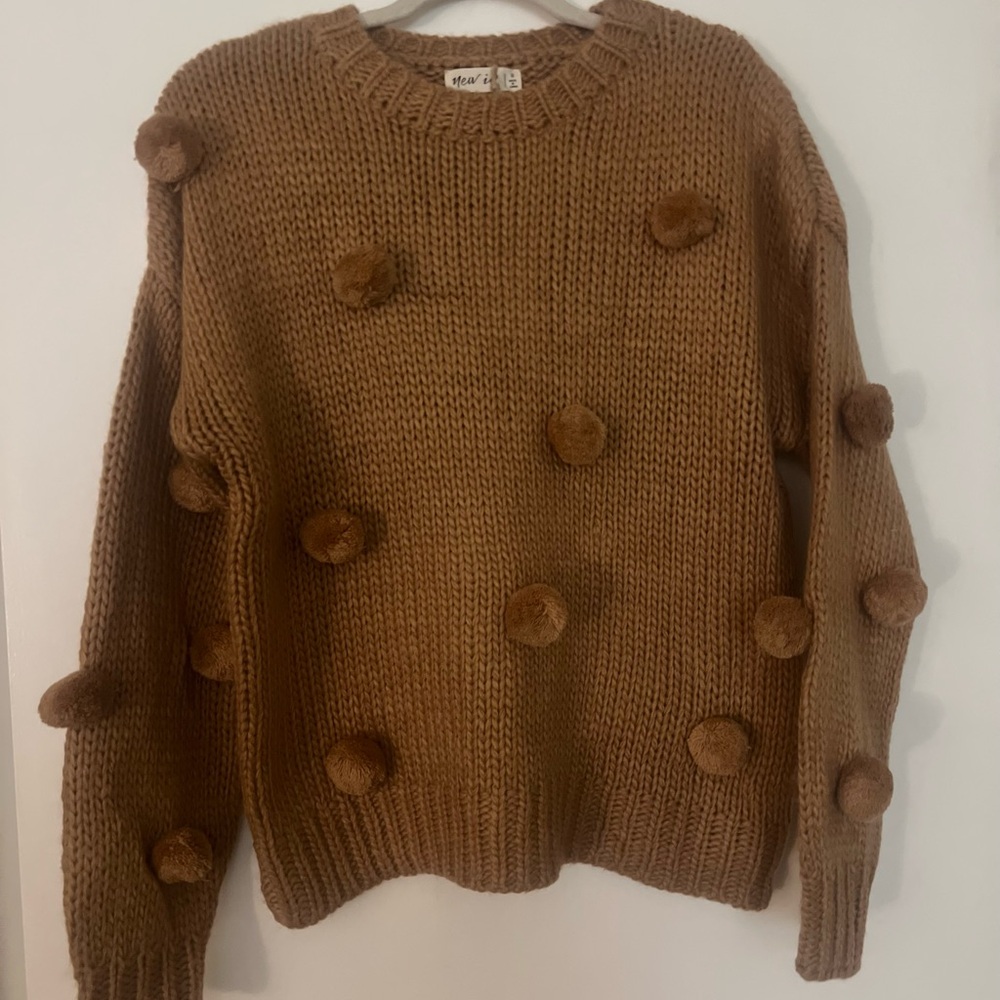 Tan Sweater with Pom-Poms